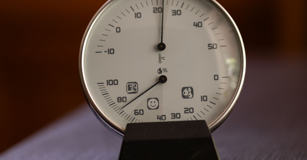 A round analog hygrometer with humidity and temperature dials mounted on a stand, showing readings on a white dial face.